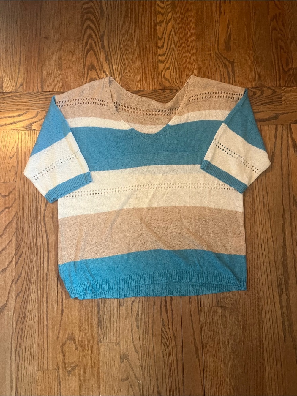 Striped Short Sleeve Knit Top in Turquoise, Cream & Tan